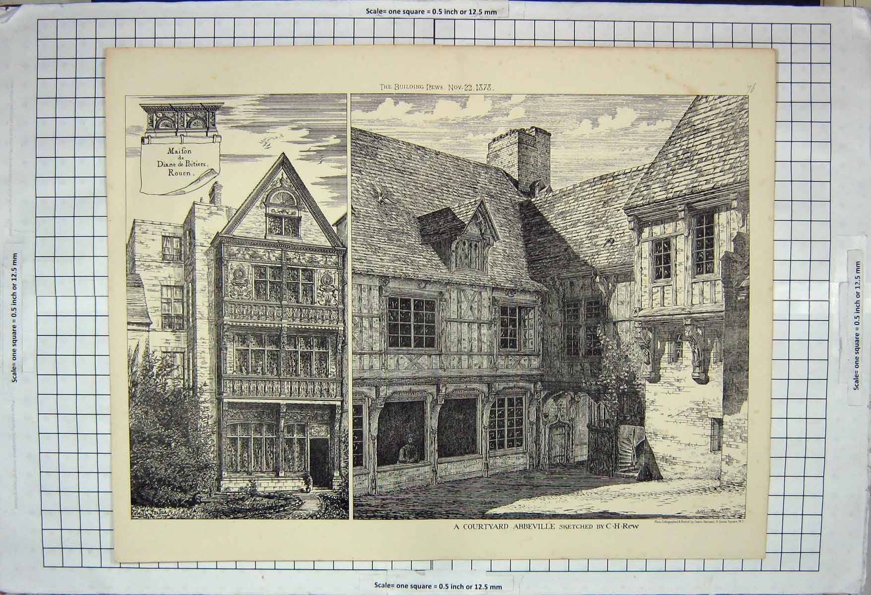 Original Old Antique Print Architecture 1878 Courtyard Abbeville Rouen Rew 19th