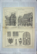 Original Old Antique Print Architecture 1880 Rathaus Freiburg Frankfort Main