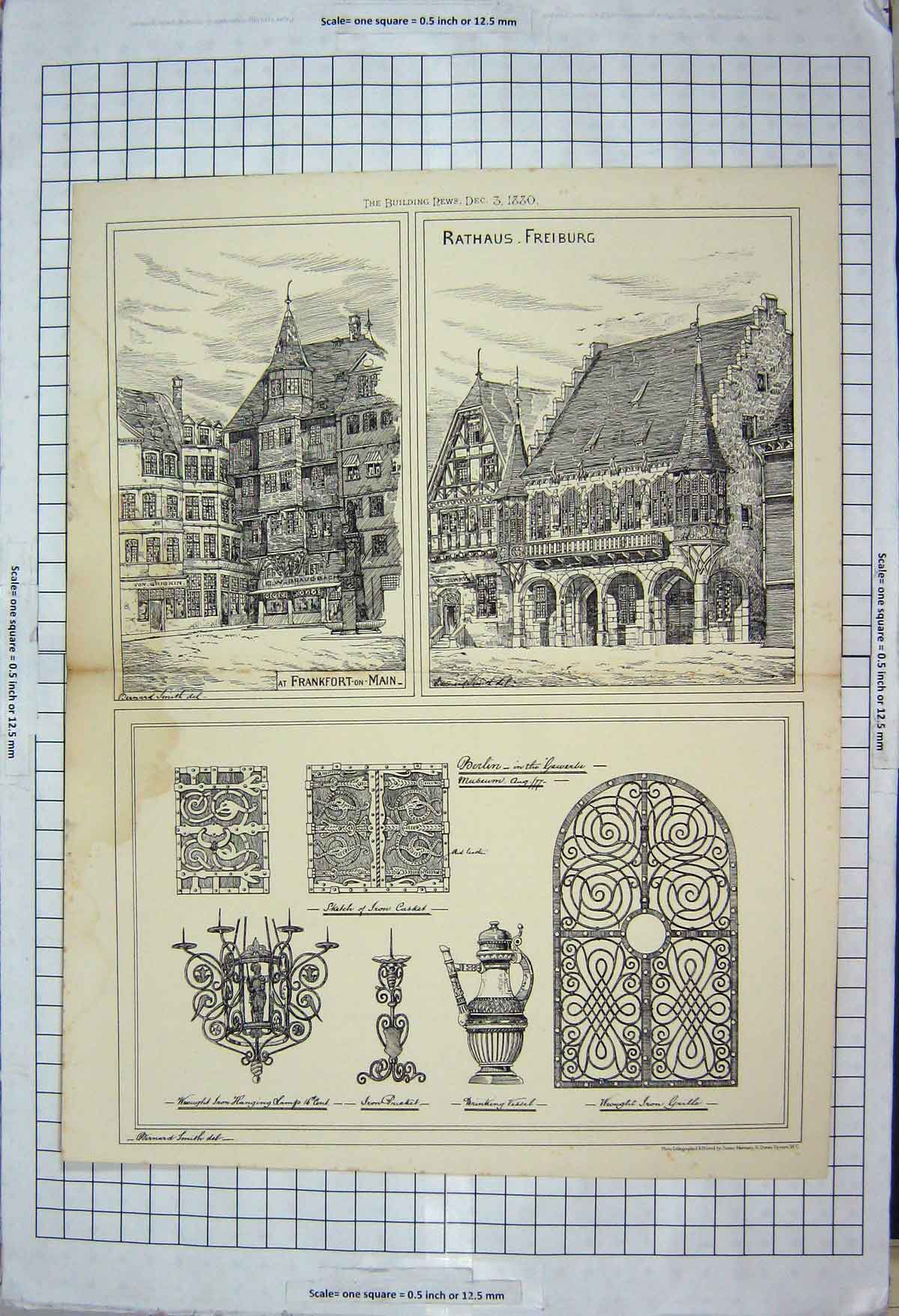 Original Old Antique Print Architecture 1880 Rathaus Freiburg Frankfort Main