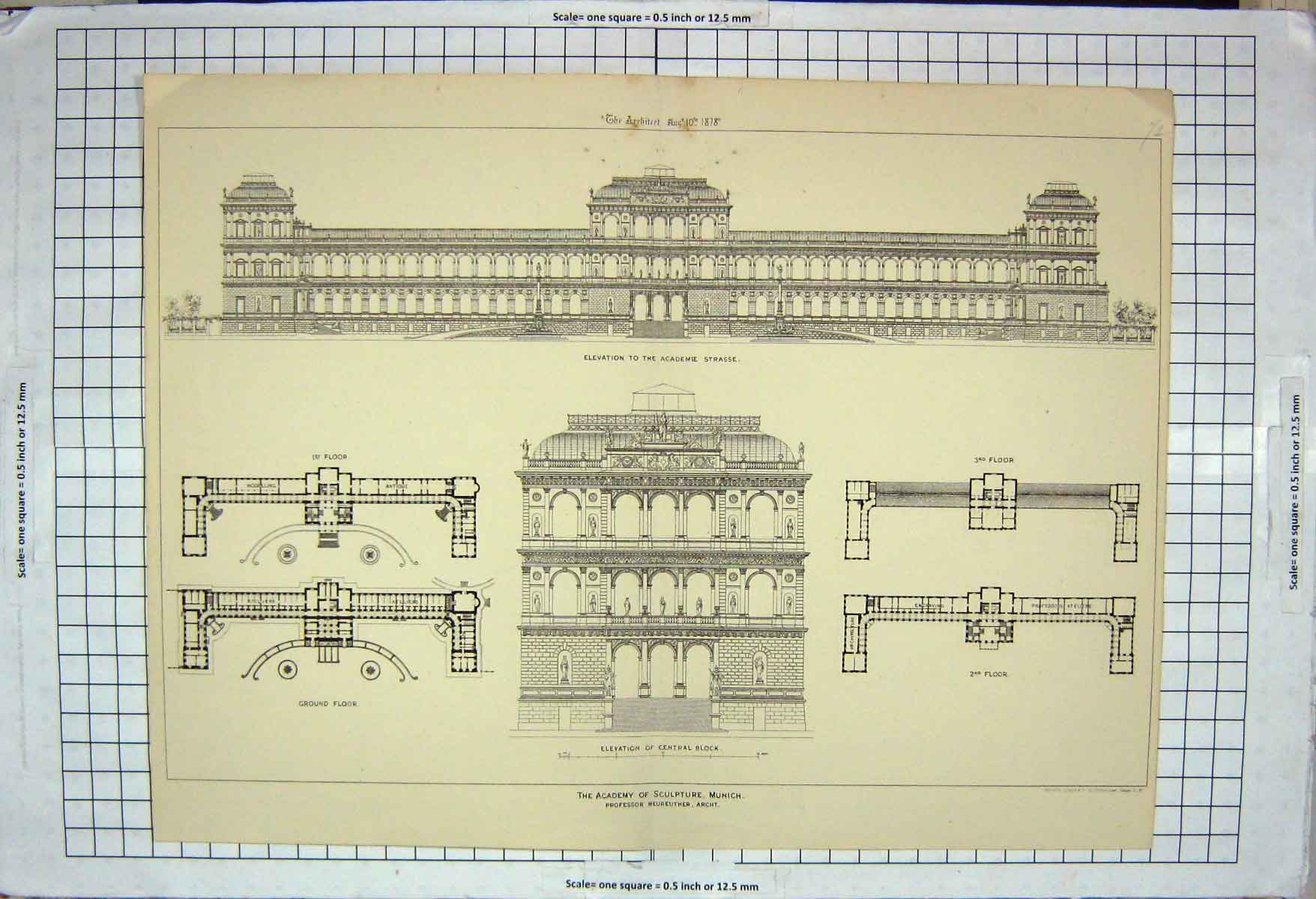 Old Antique Print Architecture 1878 Academy Sculpture Munich Neureuther 19th