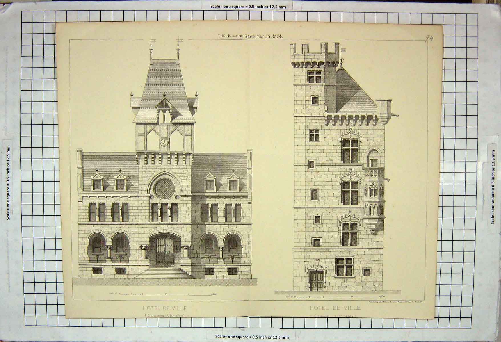 Original Old Antique Print Architecture 1874 Hotel De Ville Saone Allemaone