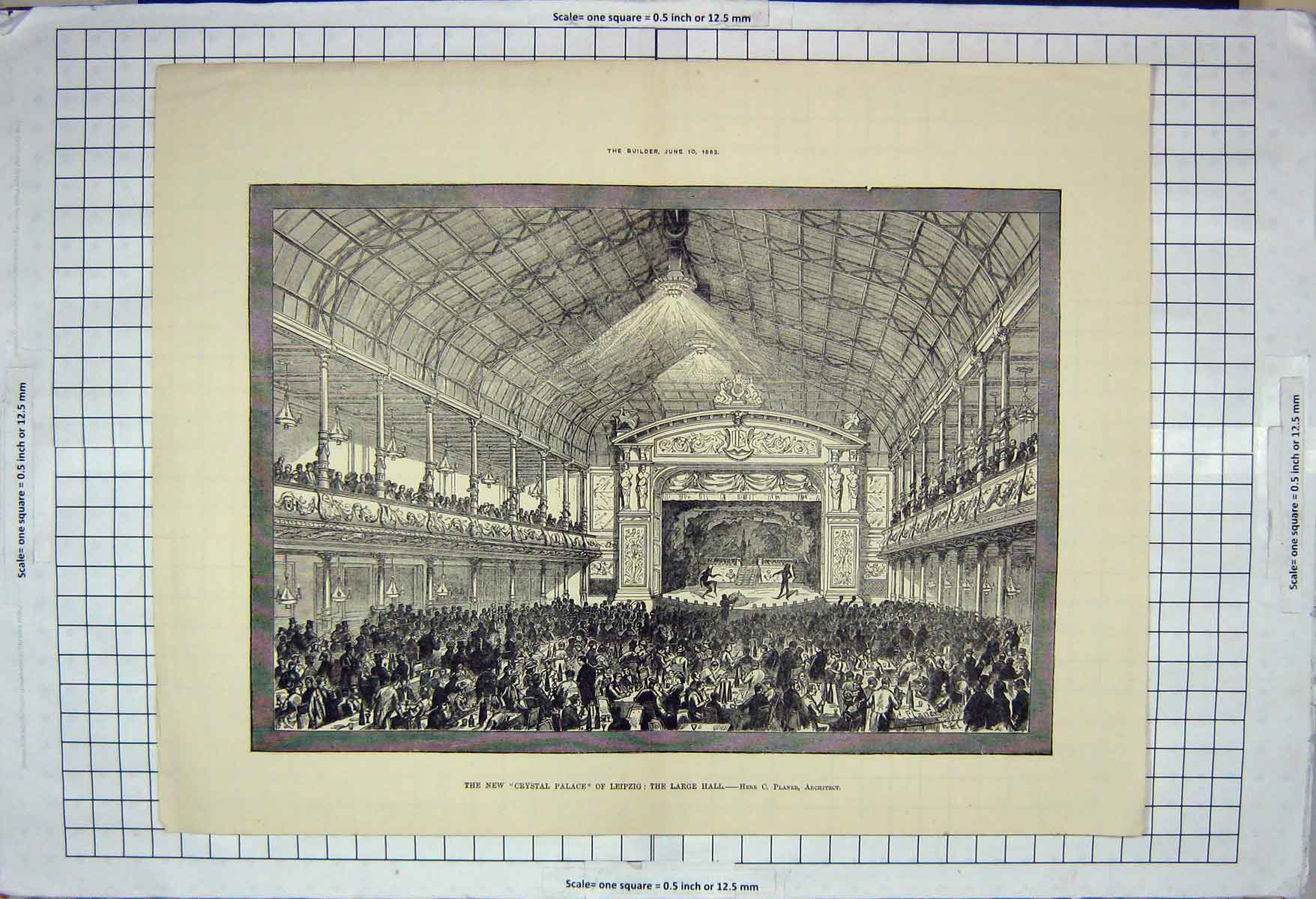 Original Old Antique Print Architecture 1882 Crystal Palace Leipzig Planer 19th
