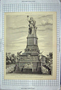 Original Old Antique Print Architecture 1881 German Monument Niederwald Rhine