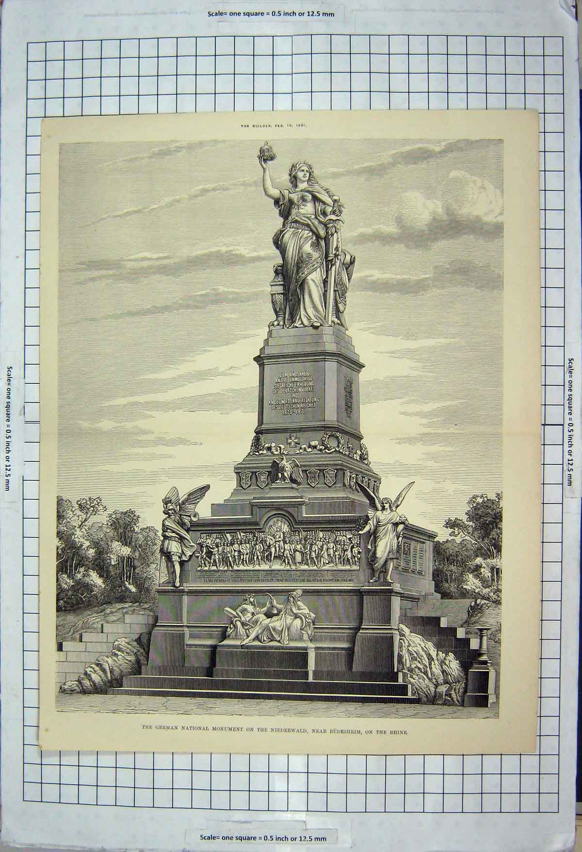 Original Old Antique Print Architecture 1881 German Monument Niederwald Rhine