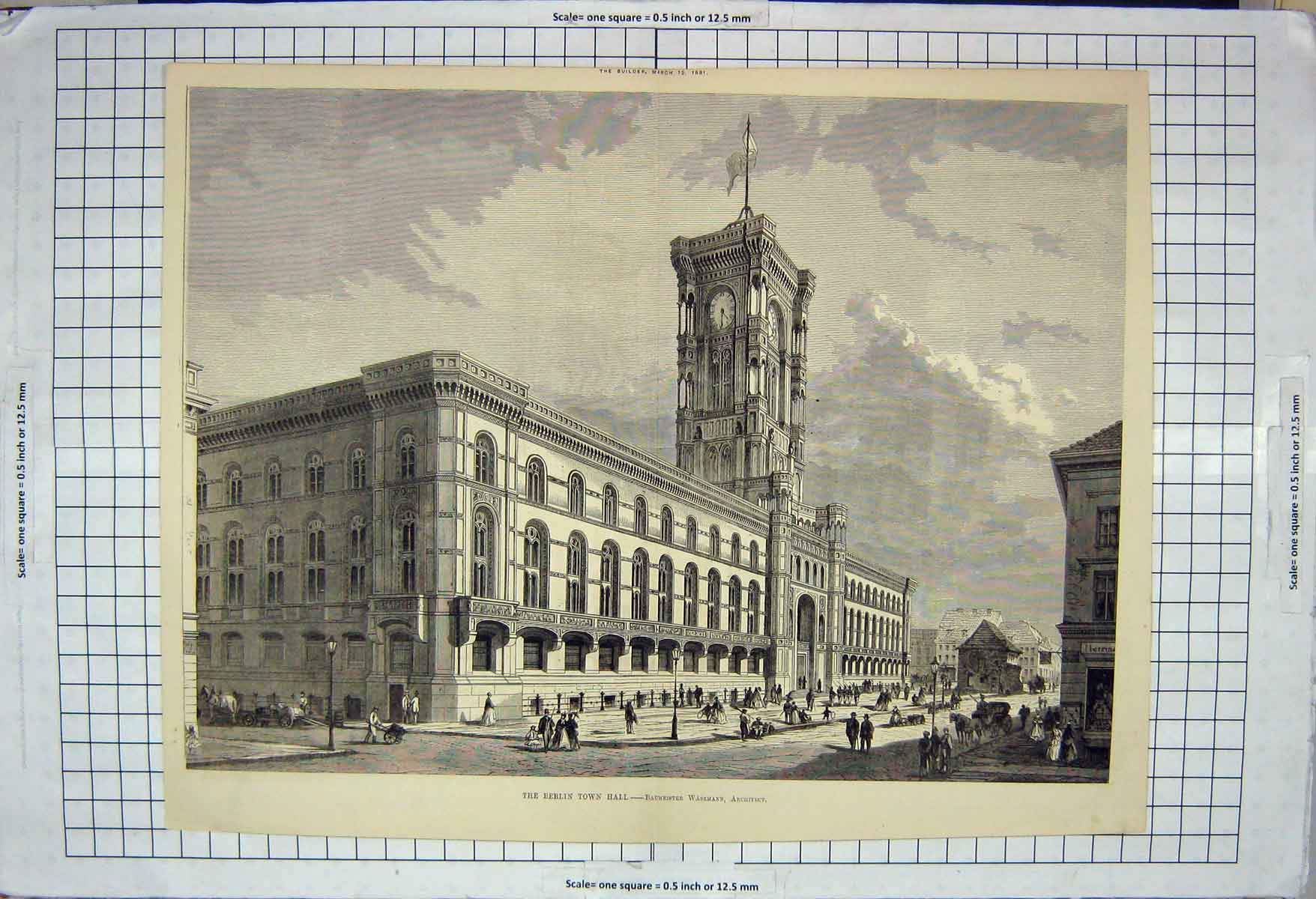 Original Old Antique Print Architecture 1881 Berlin Town Hall Wasemann 19th