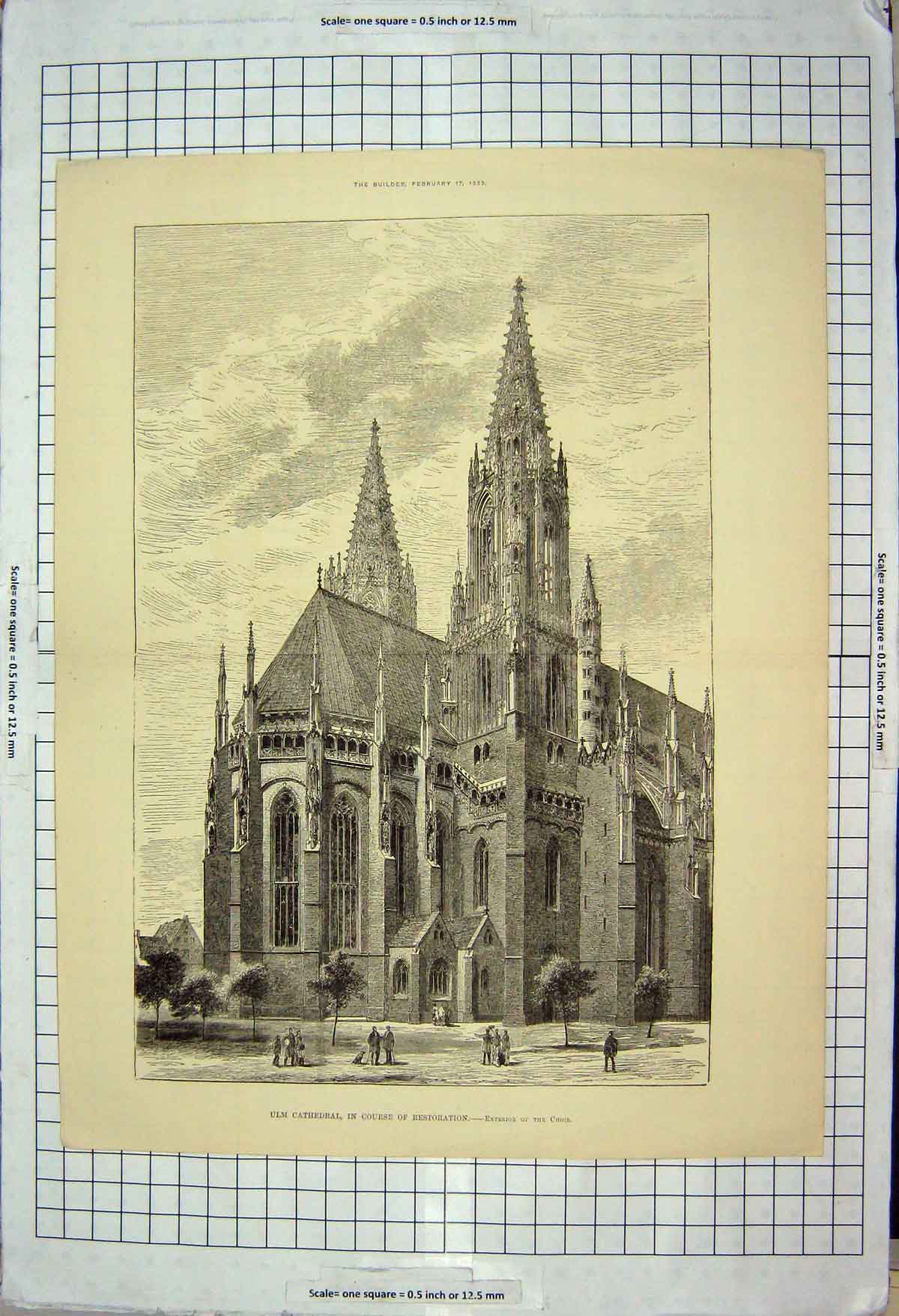 Original Old Antique Print Architecture 1883 Ulm Cathedral Restoration Choir