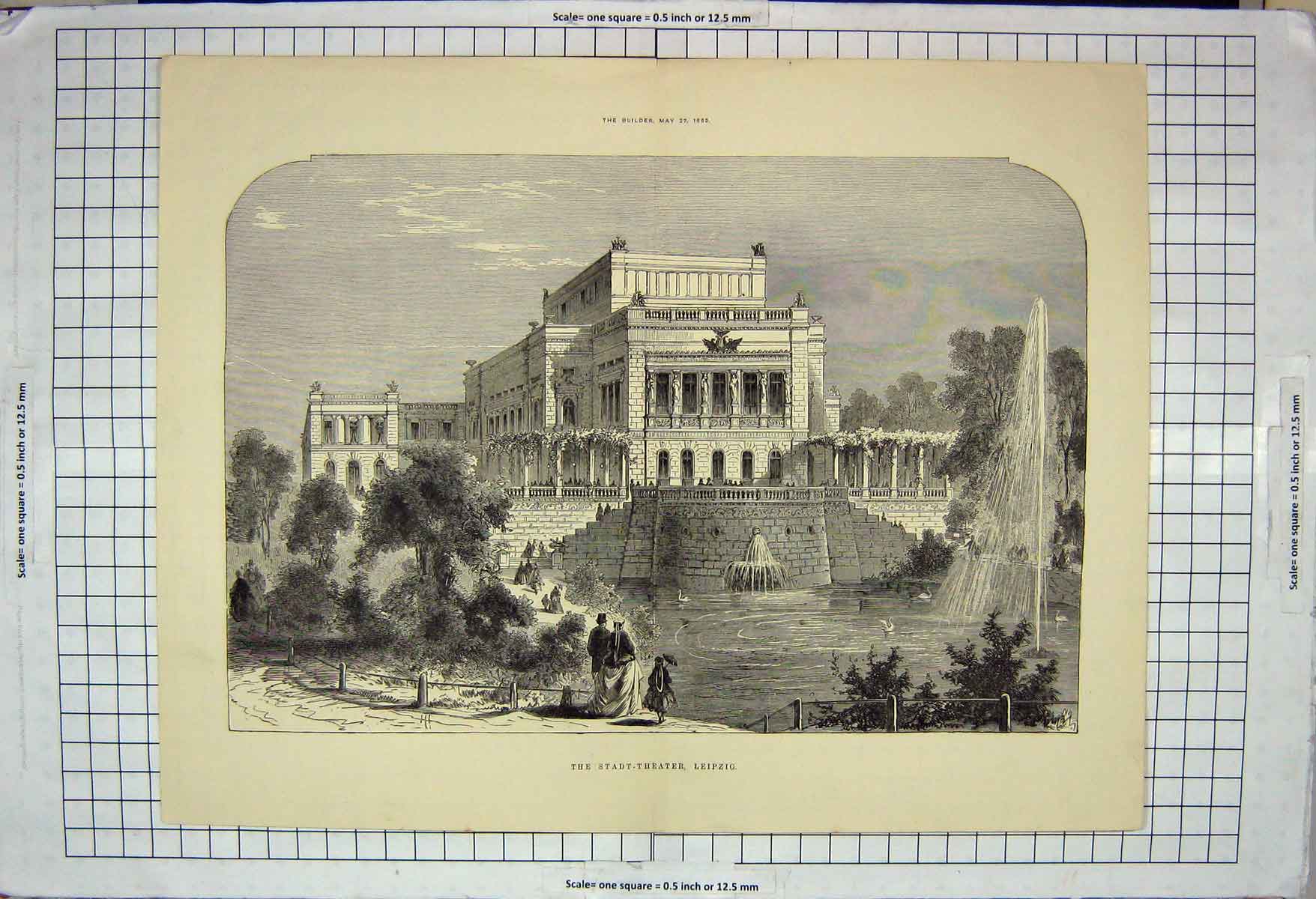 Original Old Antique Print Architecture 1882 Stadt-Theater Leipzig Fountain