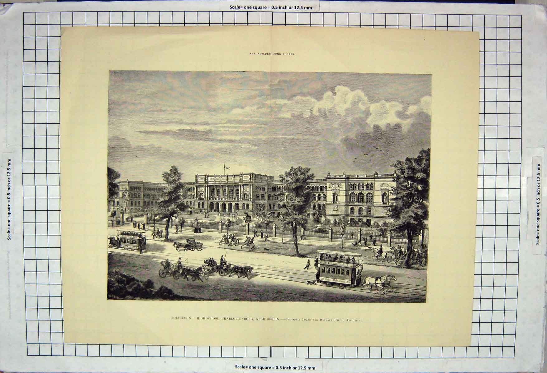Original Old Antique Print Architecture 1883 Polytechnic Charlottenburg Berlin