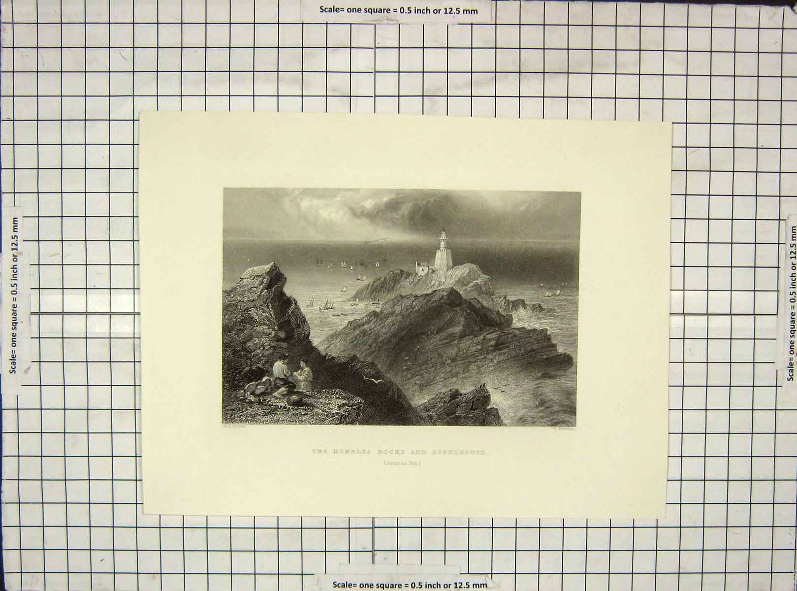 Old Antique Print Numbles Rocks Lighthouse Swansea Bay Mossman Bartlett