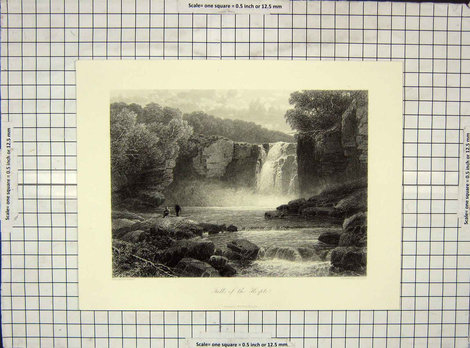 Original Old Antique Print Engraving River Falls Hesple Heawood Smith