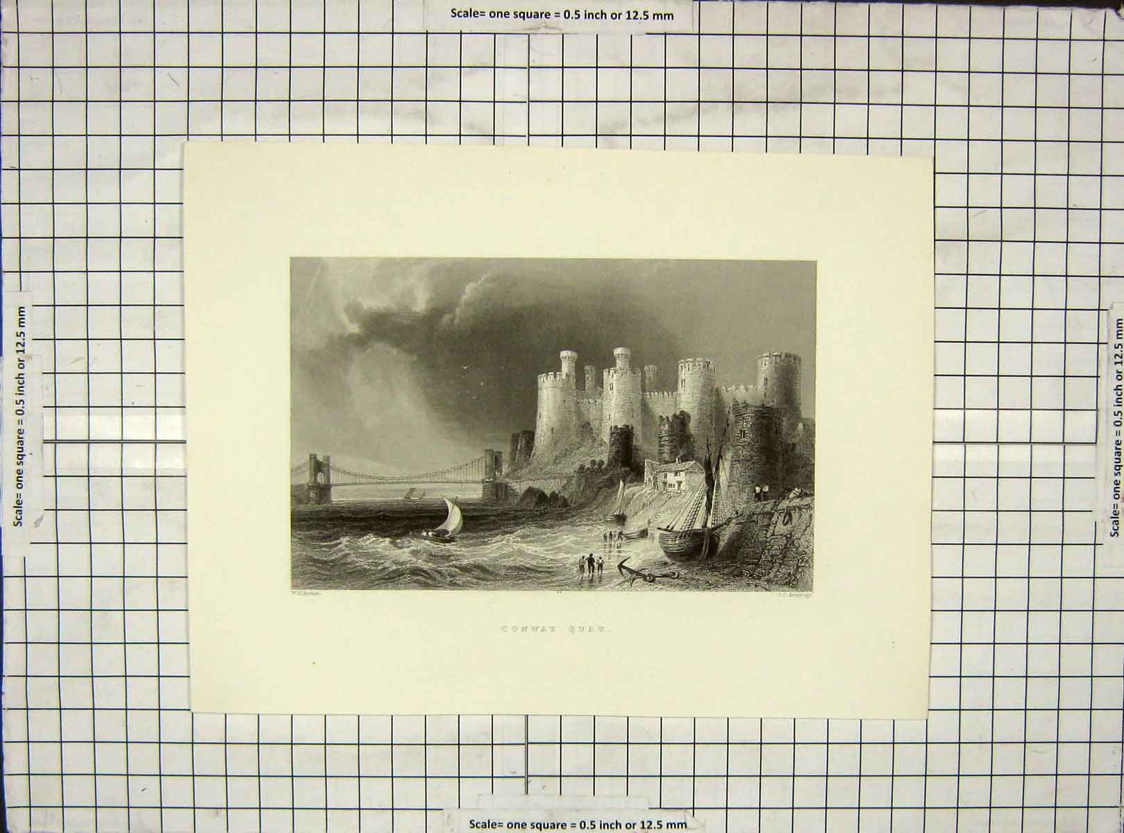Original Old Antique Print View Conway Quay Bridge Armytage Bartlett Engraving