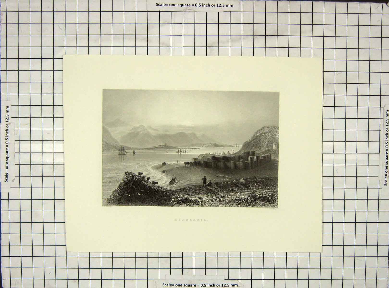 Original Old Antique Print Engraving View Beaumaris Mountains Armytage Bartlett