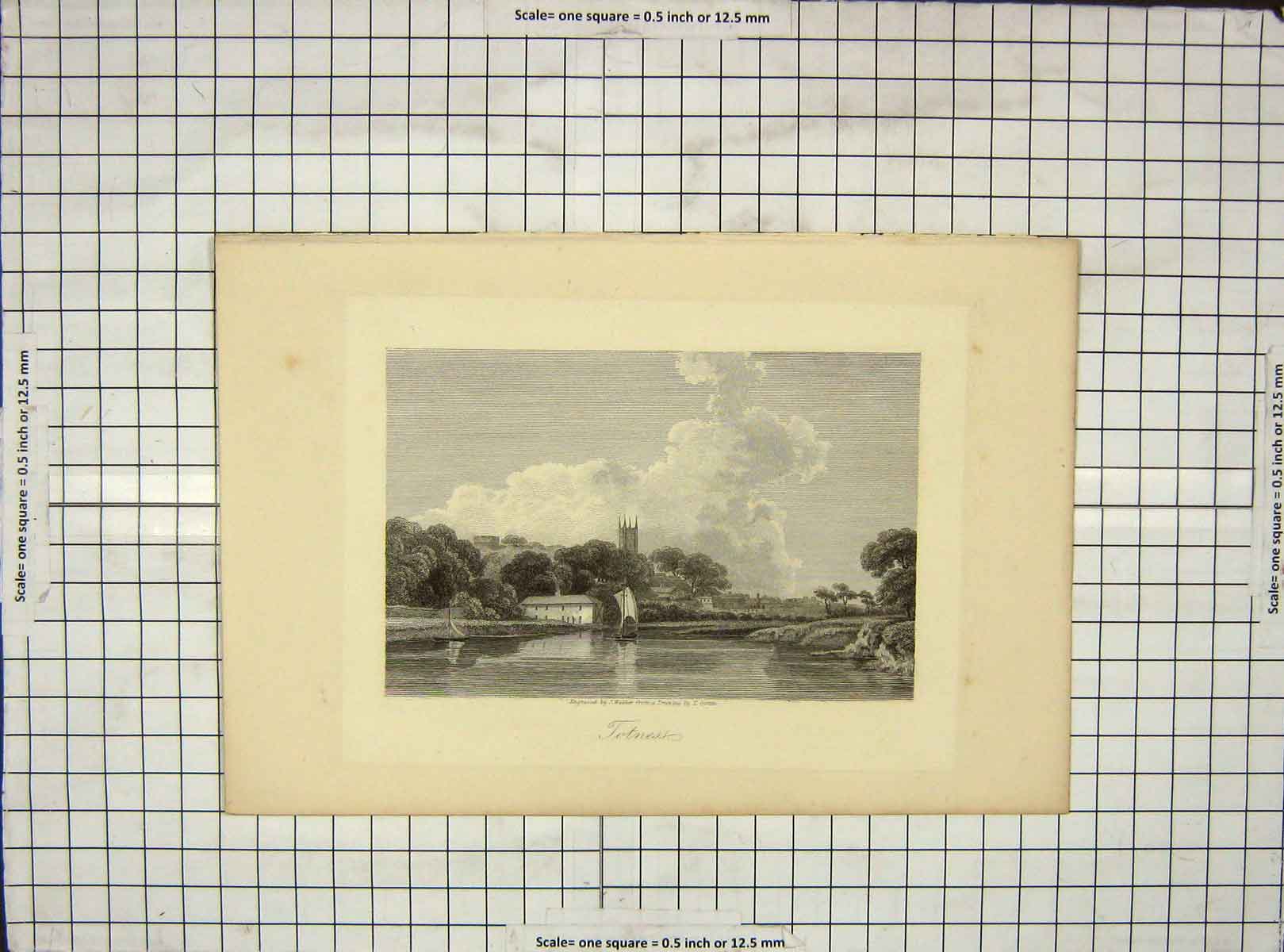 Original Old Antique Print Walker Engraving View Totness Church River Boats