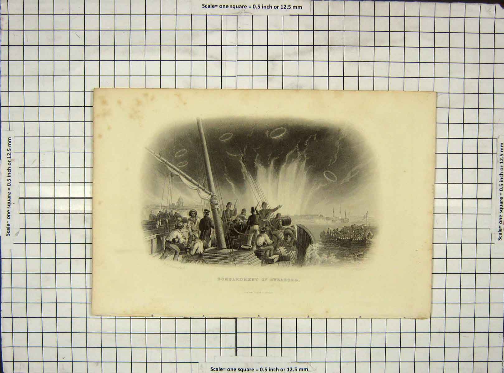 Original Old Antique Print Engraving Bombardment Sweaborg Navy War Ships