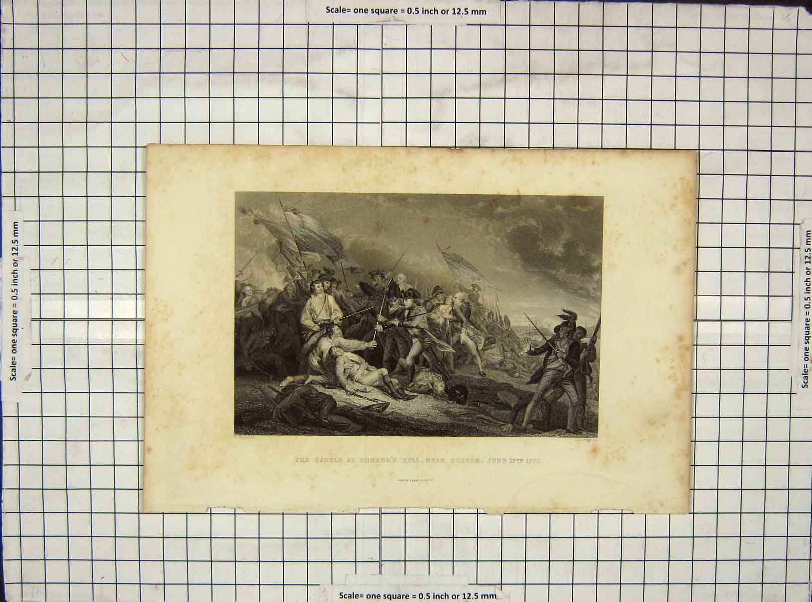 Original Old Antique Print Battle Bunkers Boston Siers Armytage Trumbull