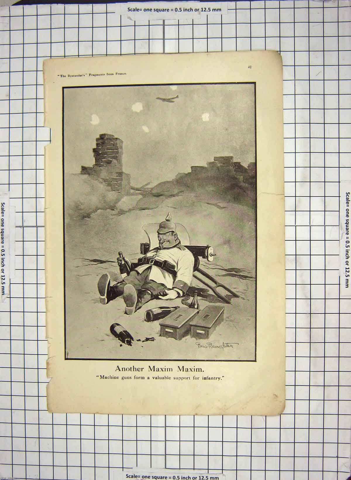 Original Old Antique Print War Comedy Man Drunk Weapons Moon Siers
