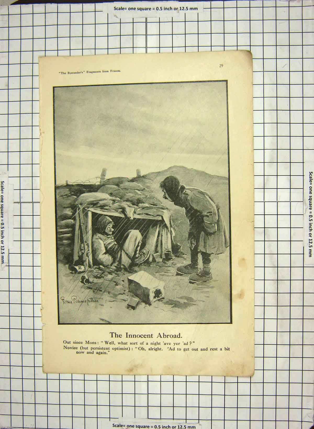 Original Old Antique Print War France Man Hiding Trench Spirit Man Bystander