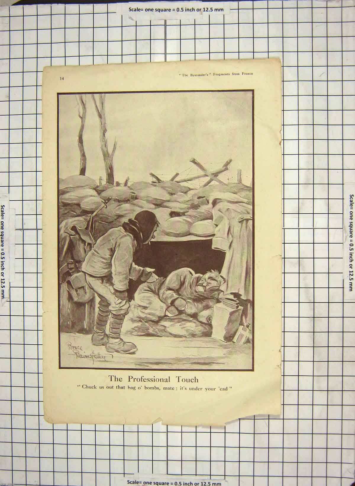 Original Old Antique Print War France Sier Dug-Out Sandy Macnab Trench
