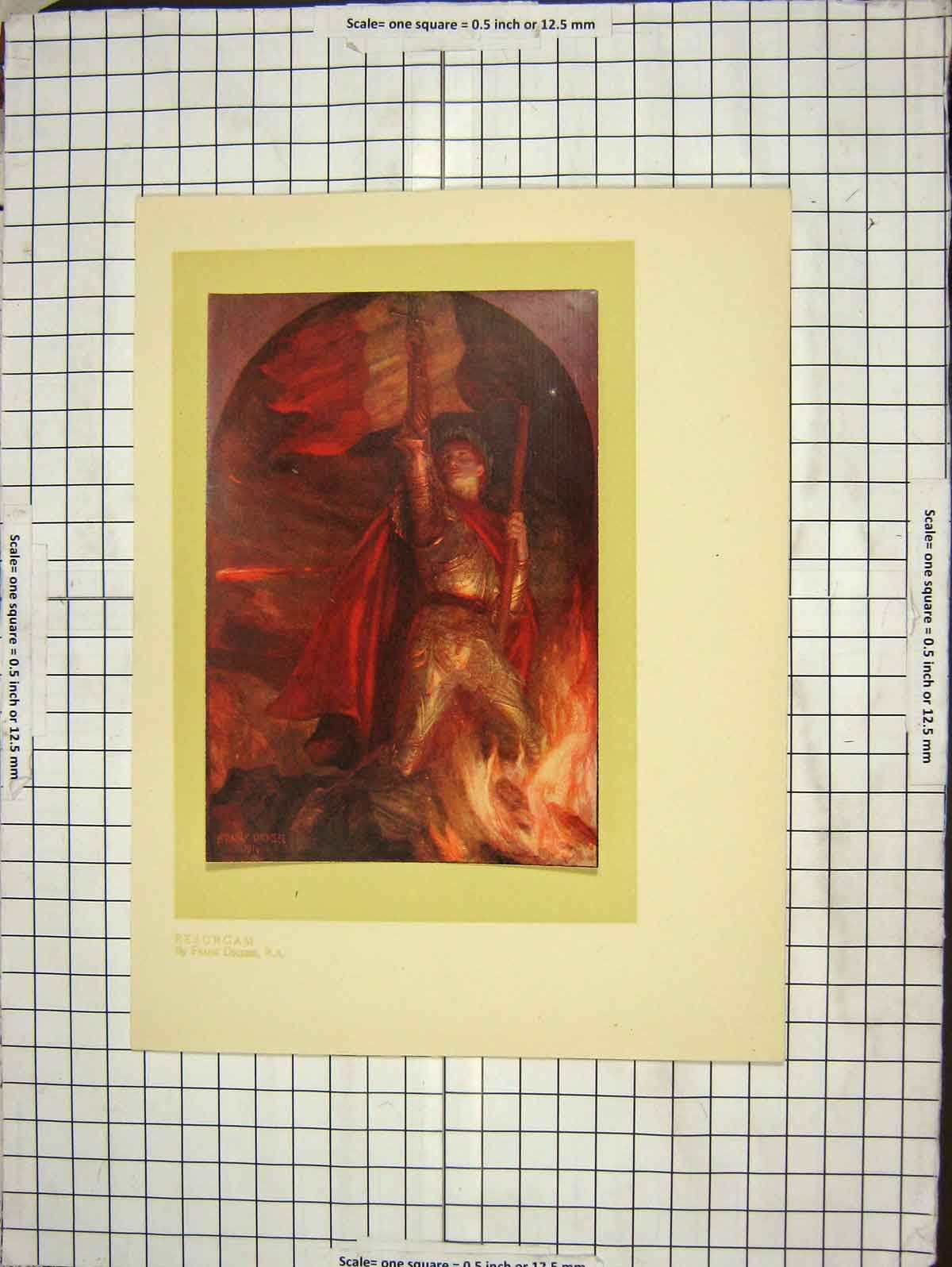 Original Old Antique Print Frank Dicksee 1914 Resurgam Knight Sword Colour 20th