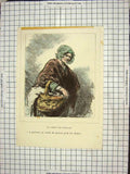 Original Old Antique Print Colour Lady Washing Basket Lorettes Viellies