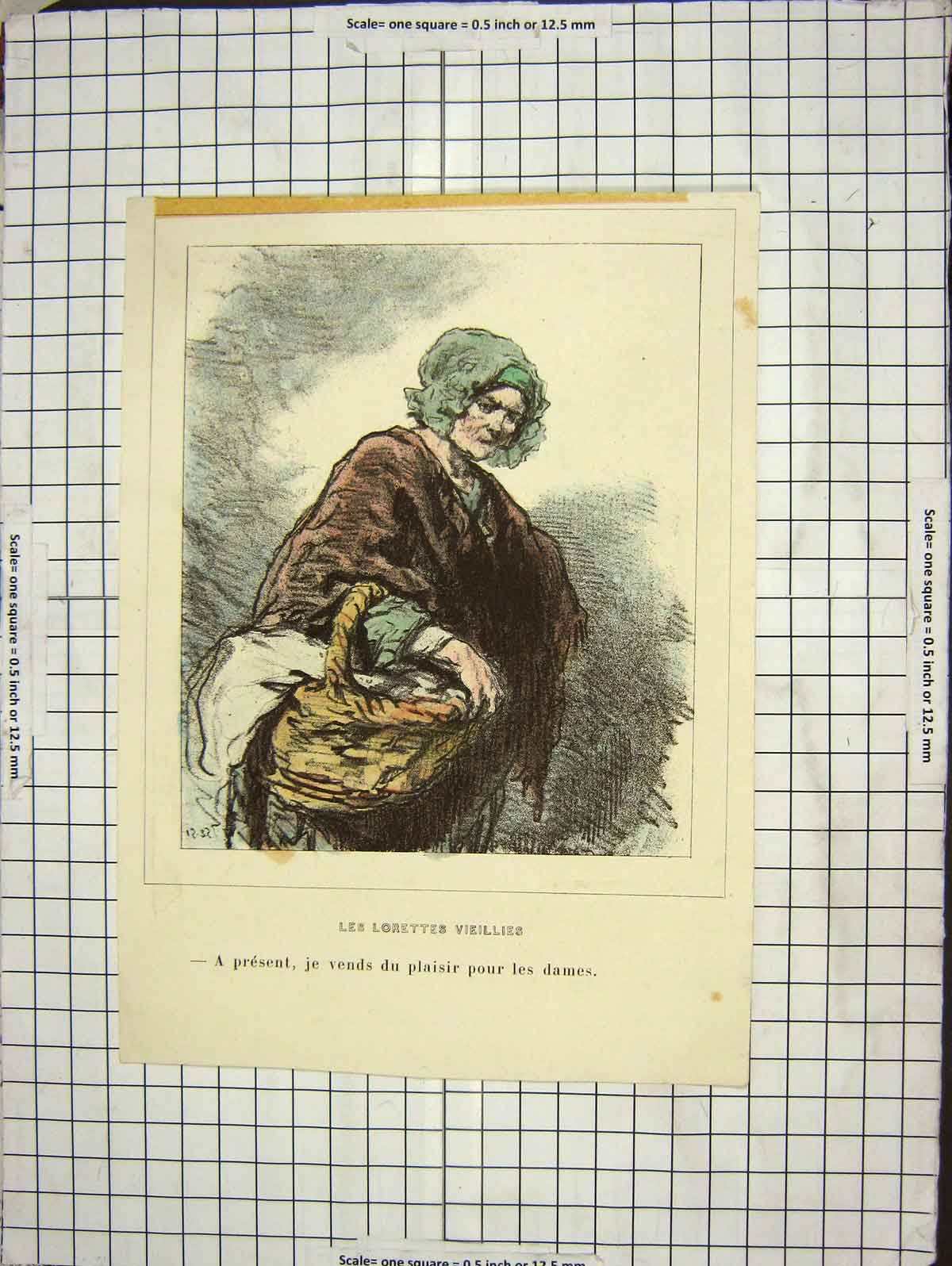 Original Old Antique Print Colour Lady Washing Basket Lorettes Viellies