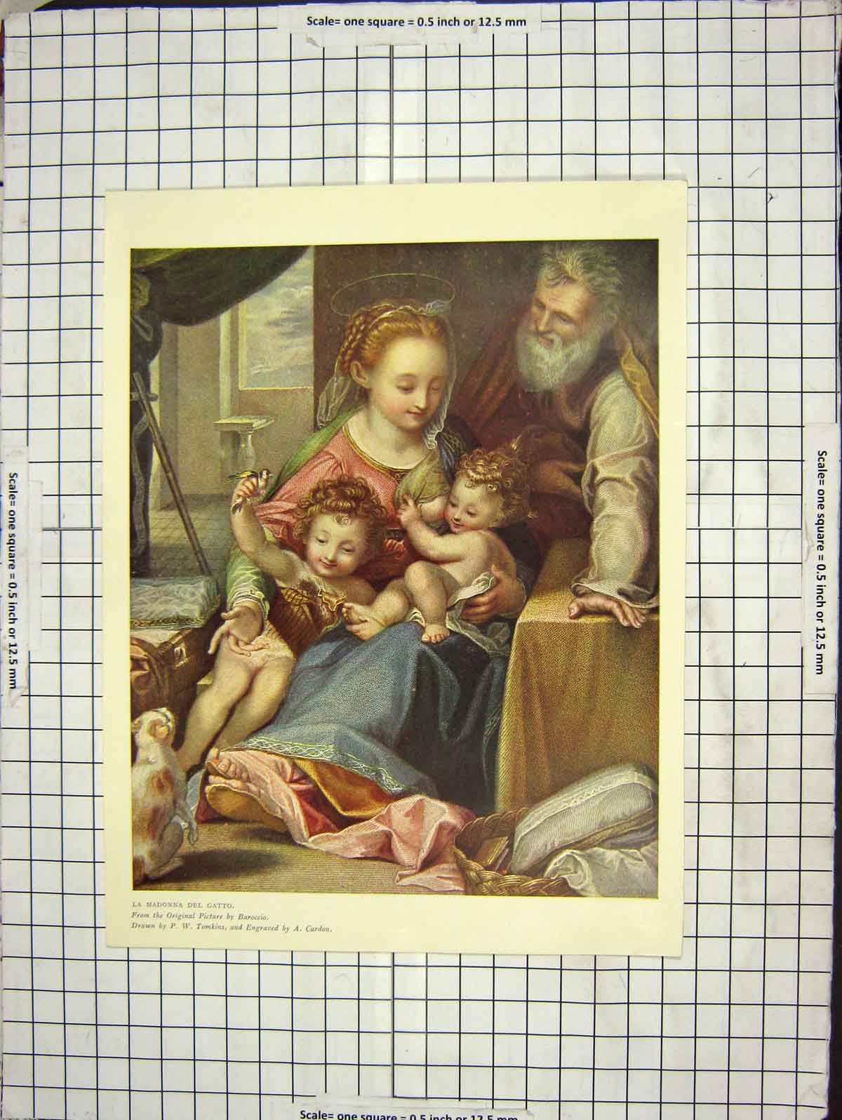 Original Old Antique Print Colour La Madonna Del Gatto Children Scene