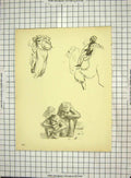 Original Old Antique Print C1940 Drawing Monkeys Camel Children Pony Horse