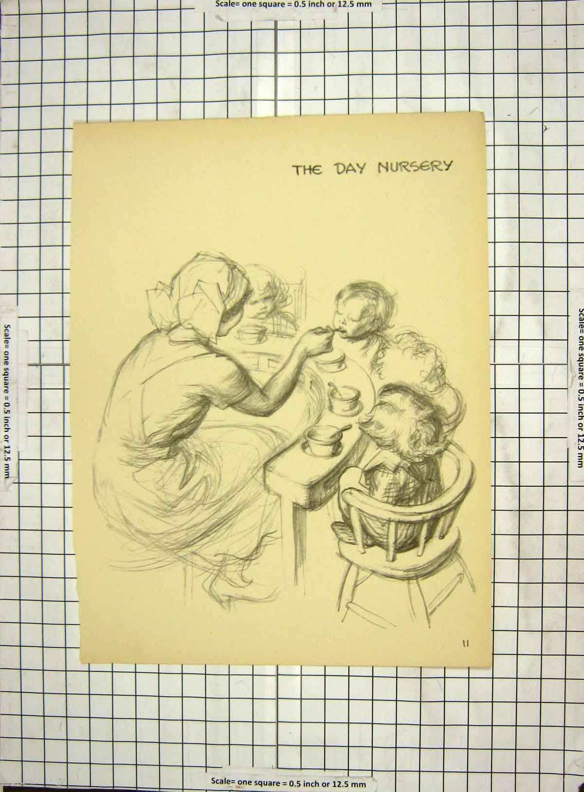 Original Old Antique Print C1940 Drawing Day Nursery Children Little Girl 20th