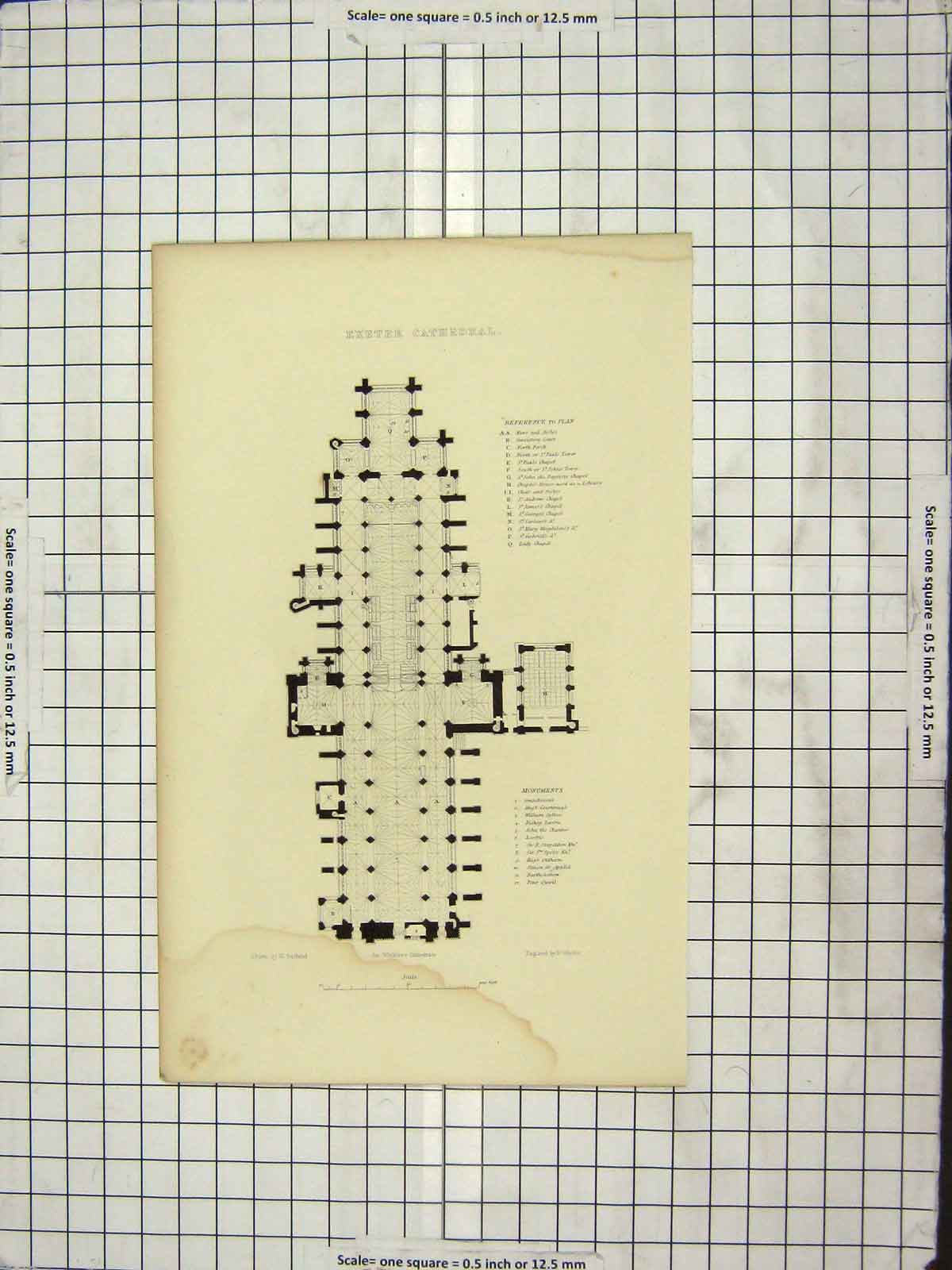 Old Antique Print C1880 Plan Exeter Cathedral Engraving Winkles Garland 19th