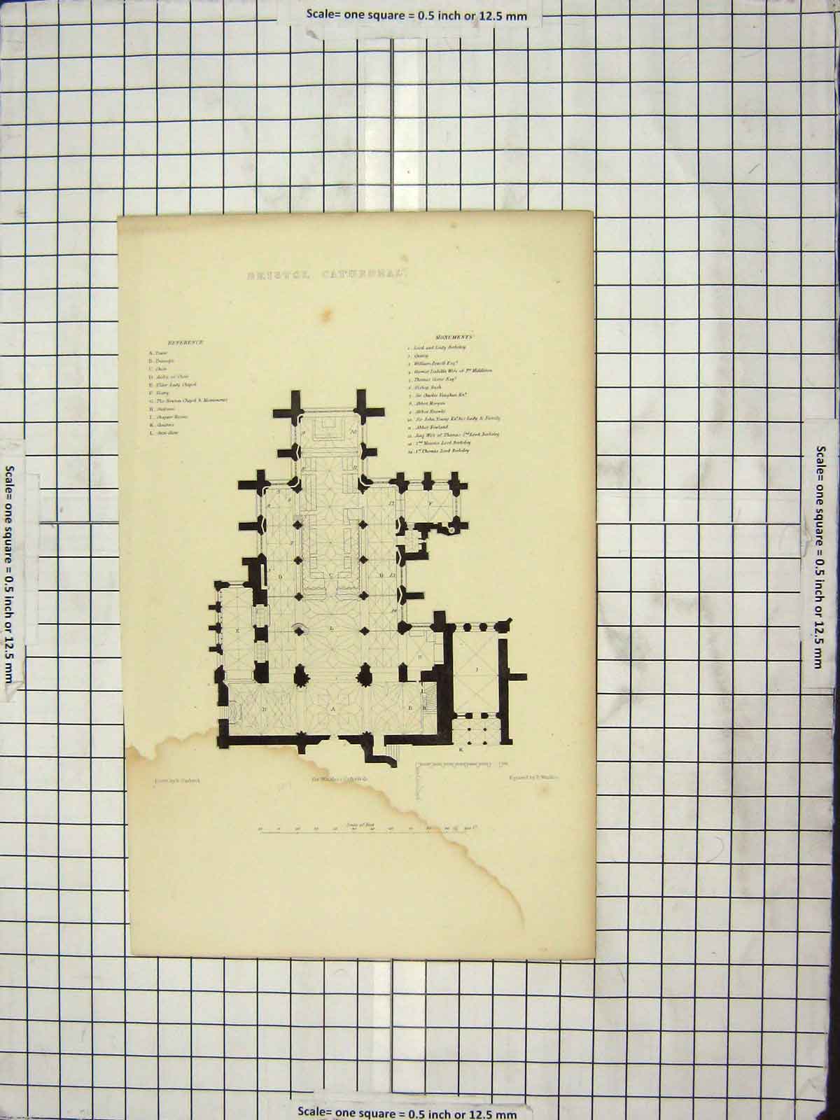 Old Antique Print C1880 Plan Bristol Cathedral Engraving Winkles Garland 19th