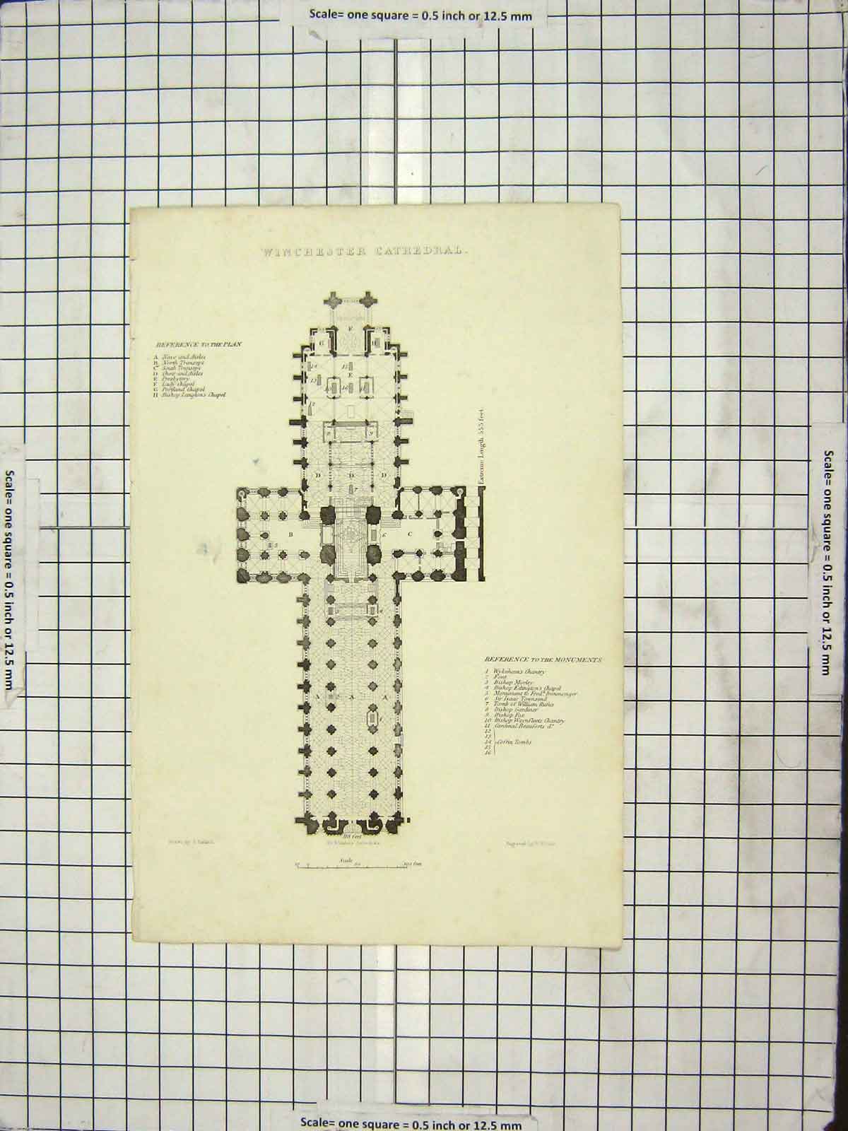 Original Old Antique Print C1880 Plan Winchester Cathedral Engraving Winkles