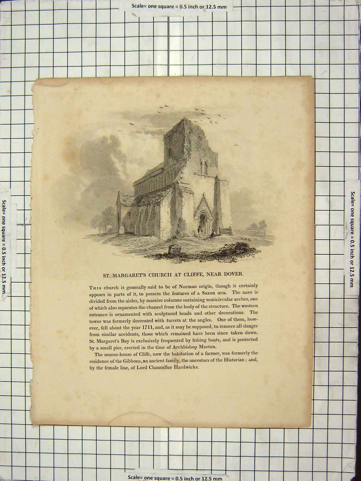 Old Antique Print C1880 St. Margarets Church Cliffe Dover Cooke Engraving 19th
