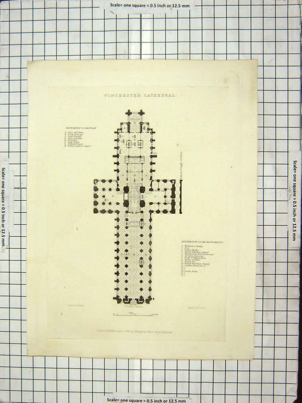 Original Old Antique Print 1836 Plan Winchester Cathedral Winkles Engraving