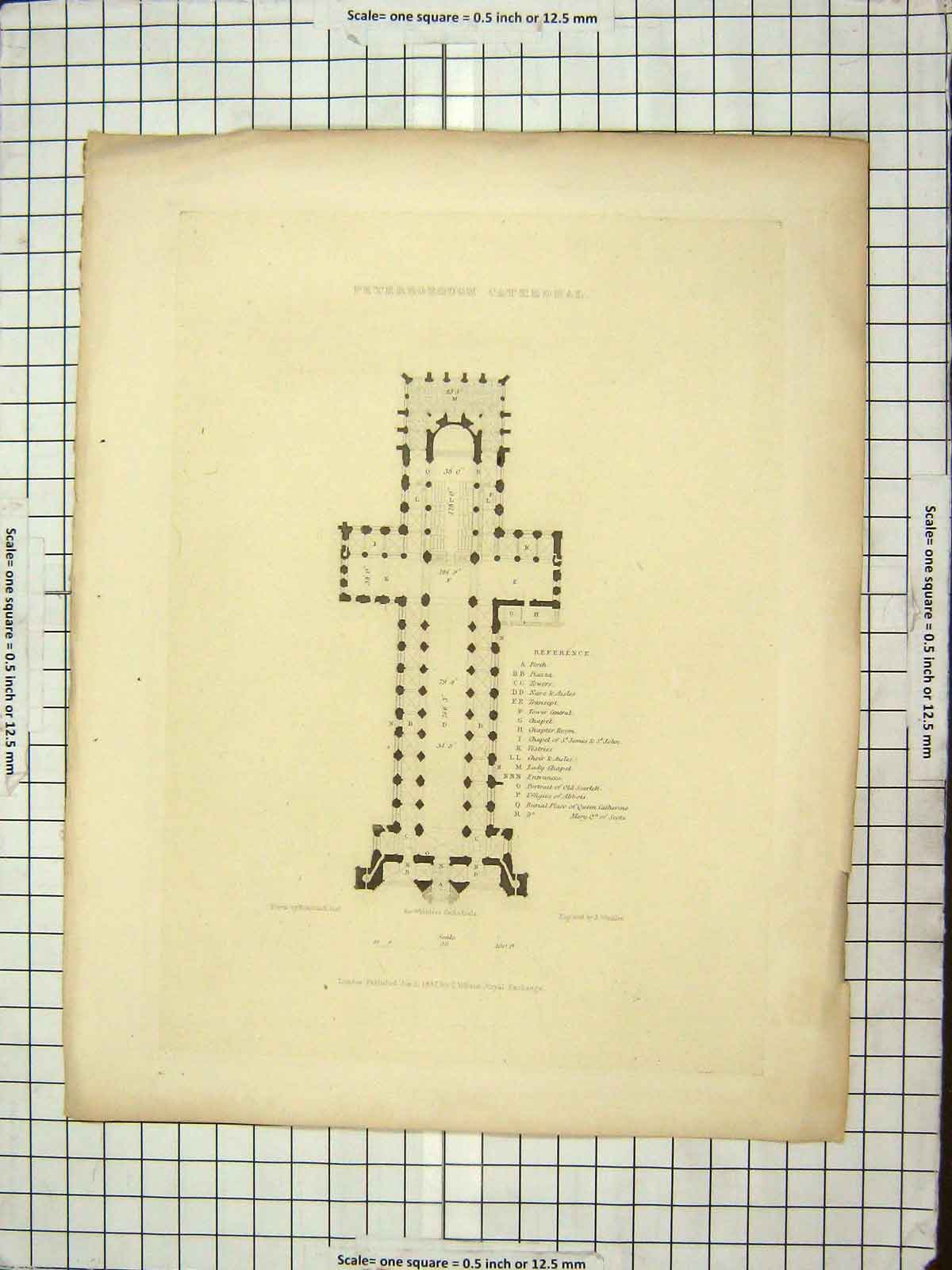 Original Old Antique Print 1837 Plan Peterborough Cathedral Engraving Winkles
