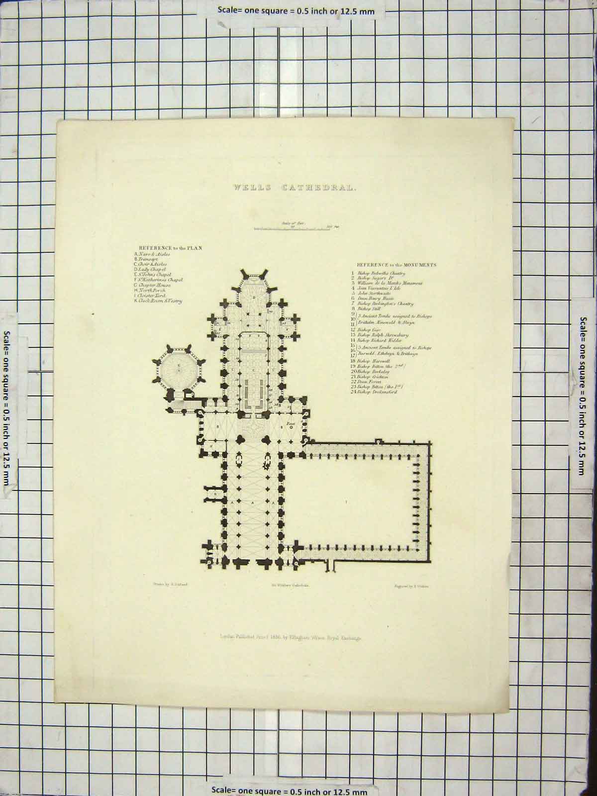 Original Old Antique Print 1836 Plan Wells Cathedral Engraving Winkles Garland