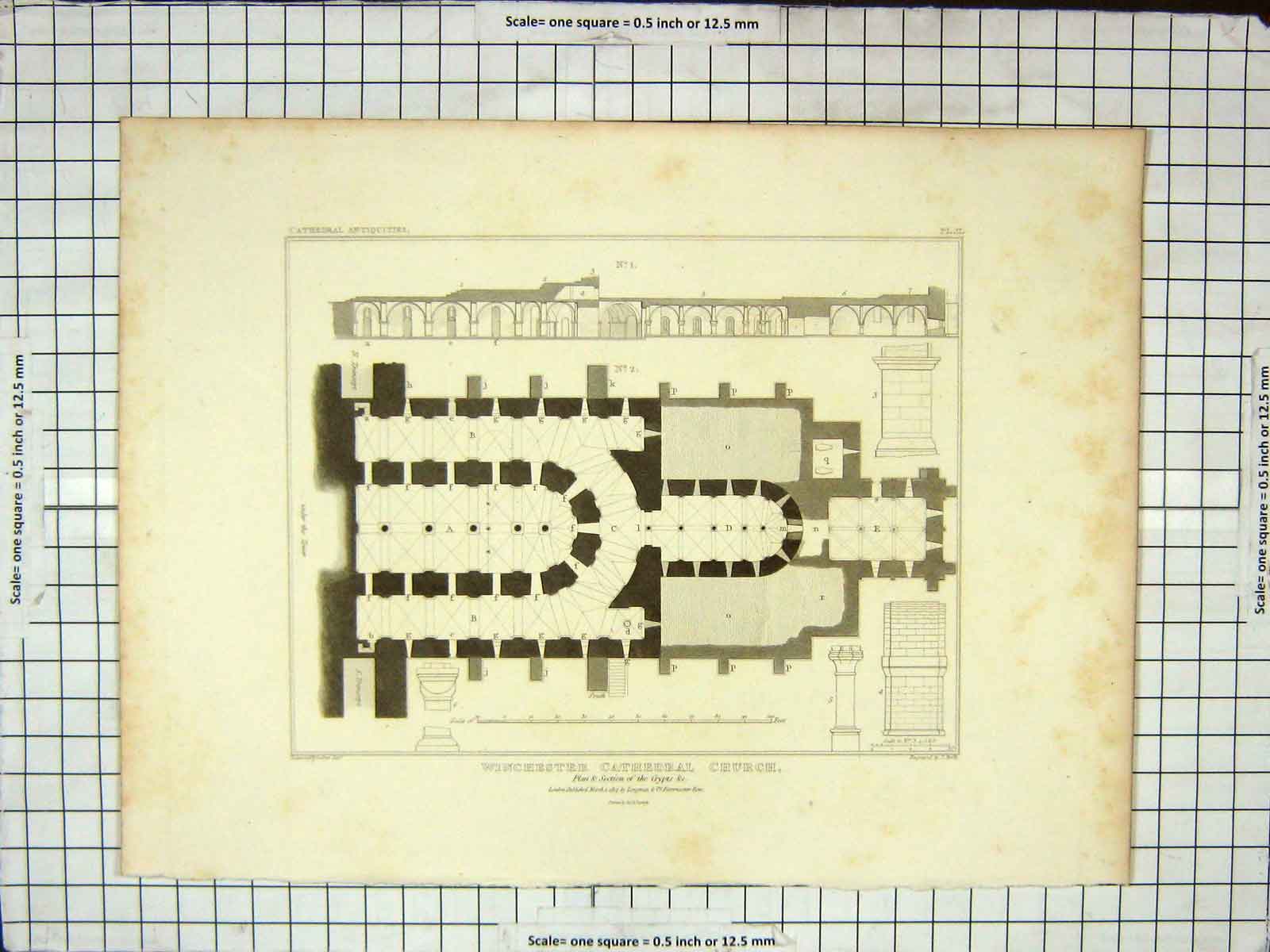Original Old Antique Print 1817 Plan Winchester Cathedral Church Crypts Roffe