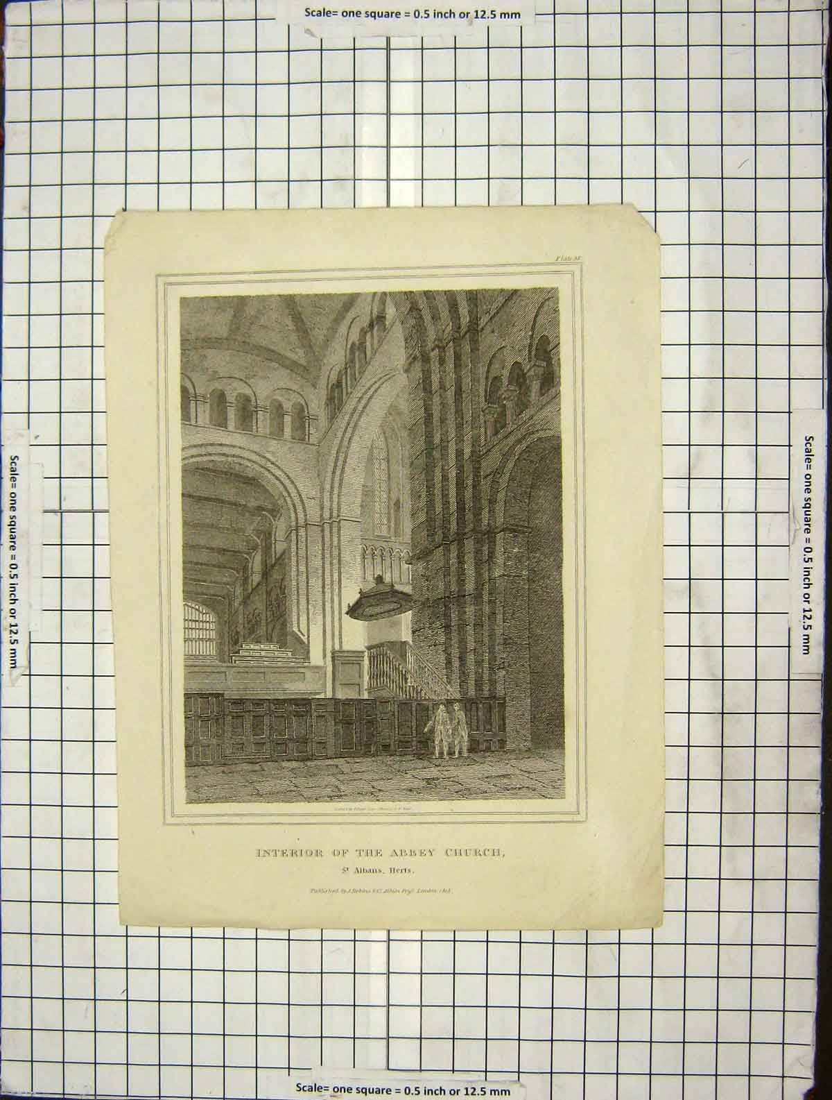 Old Antique Print 1818 Interior Abbey Church St. Albans Herts Engraving 19th