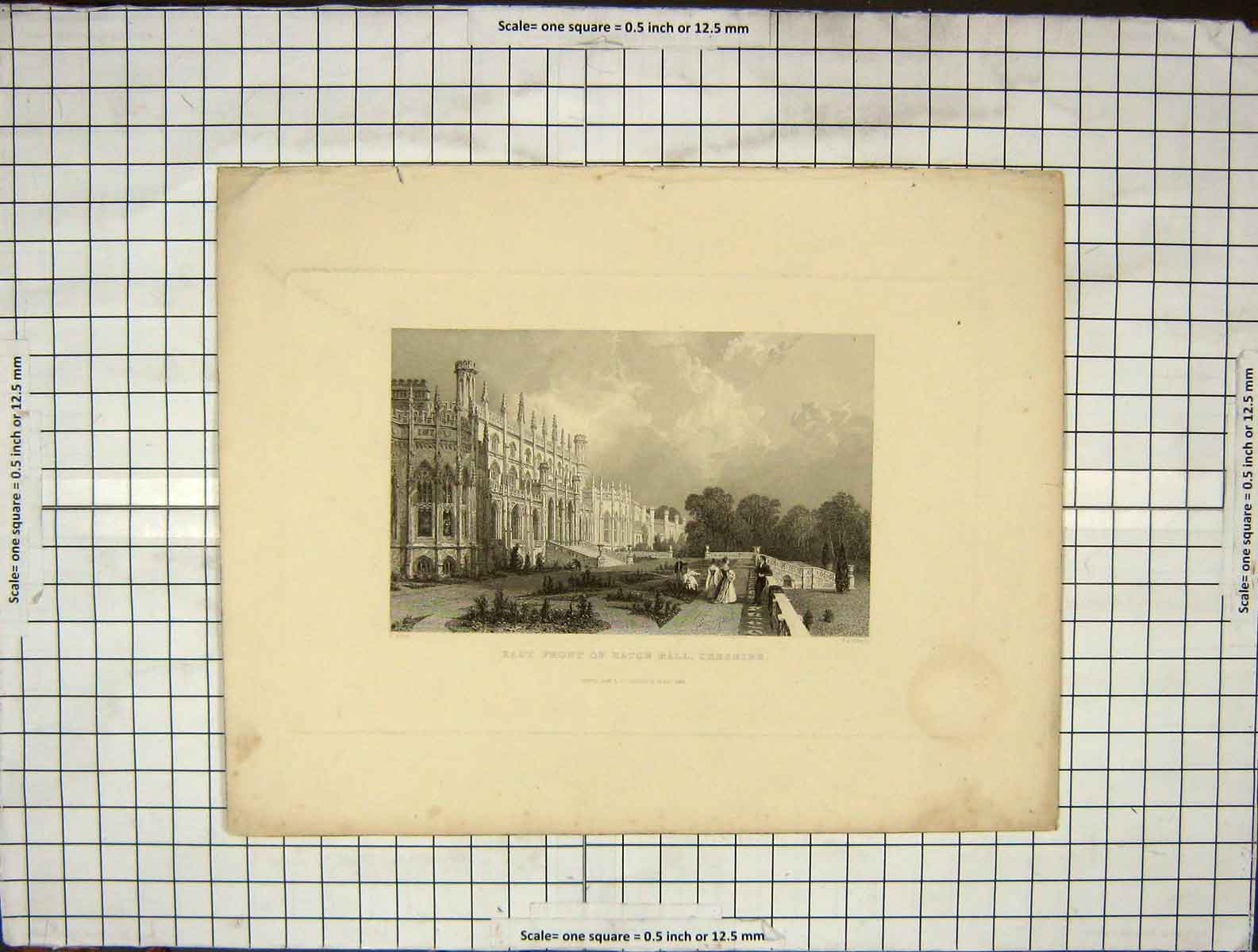 Original Old Antique Print 1845 East Front Eaton Hall Cheshire Havell Engraving