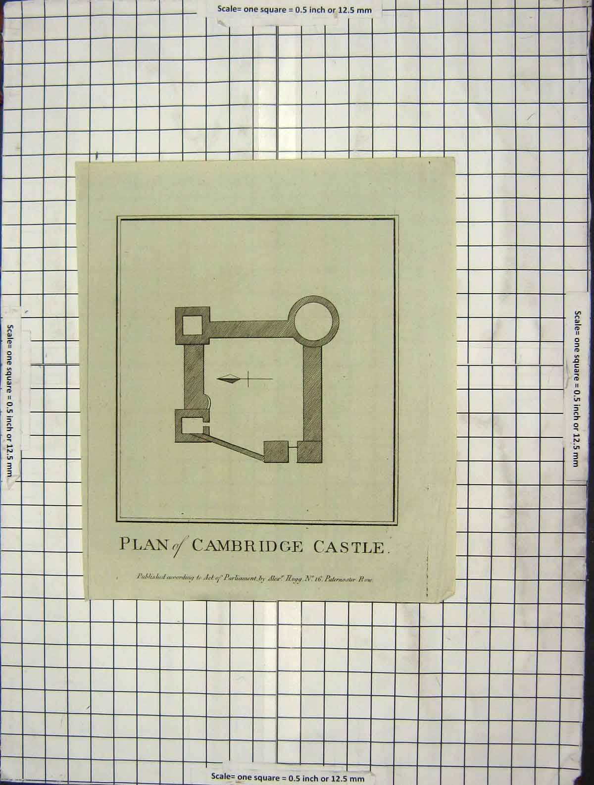 Original Old Antique Print C1880 Plan Cambridge Castle Paternoster Row 19th