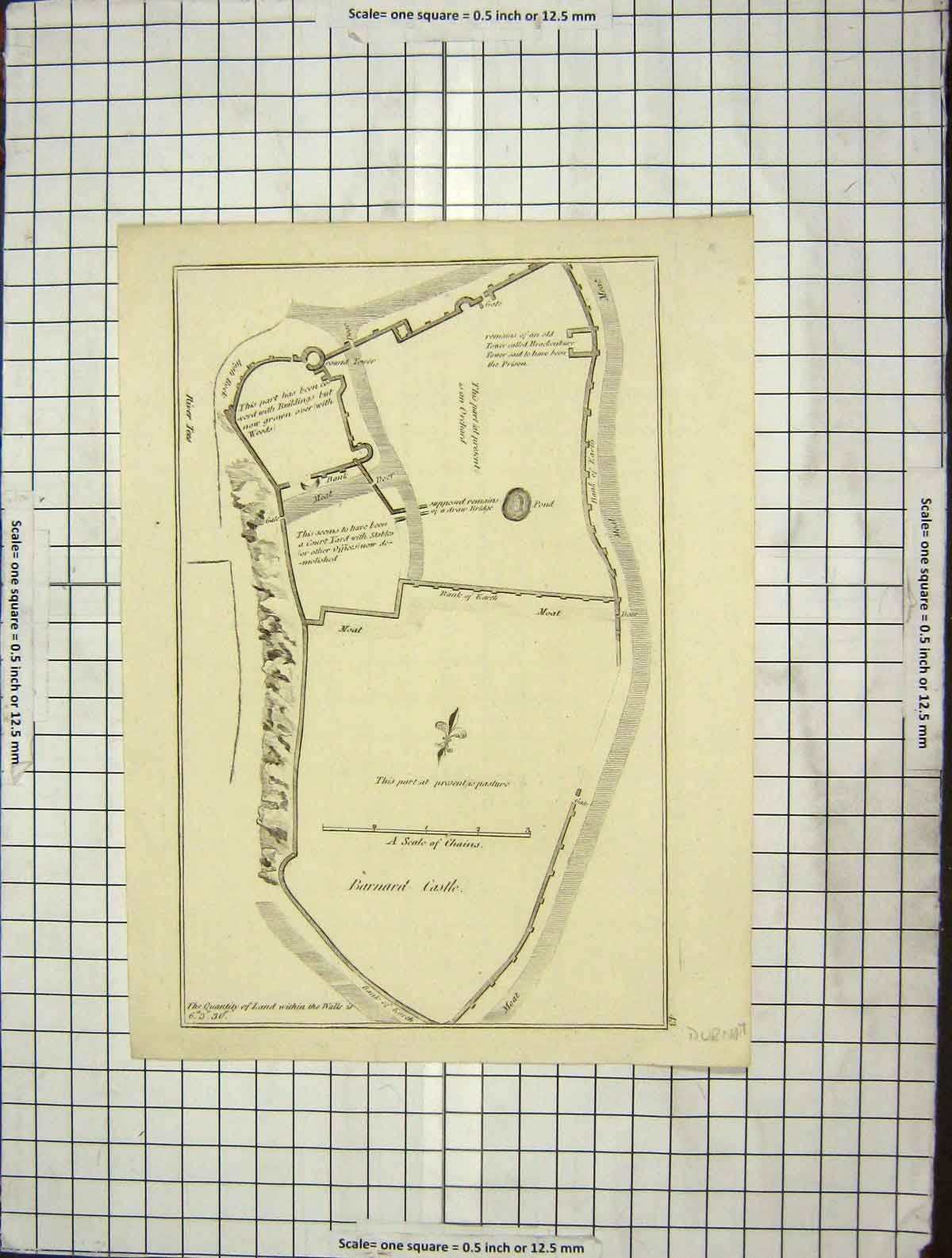 Original Old Antique Print C1880 Plan Barnard Castle Moat Durham England 19th