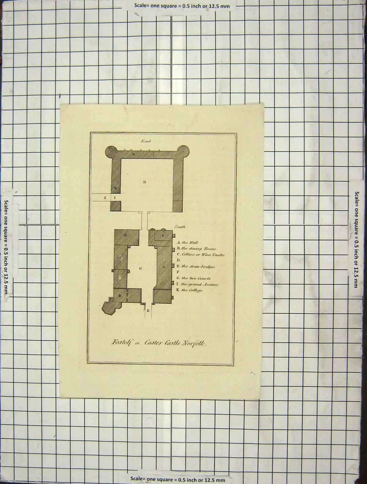 Original Old Antique Print C1880 Plan Caster Castle Norfolk England Victorian
