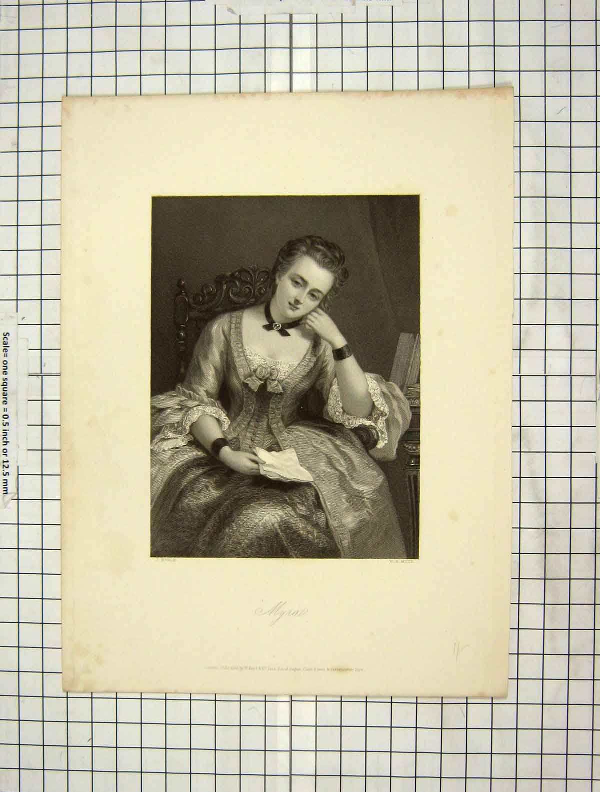 Original Old Antique Print C1880 Portrait Myra Mote Noble Engraving Victorian