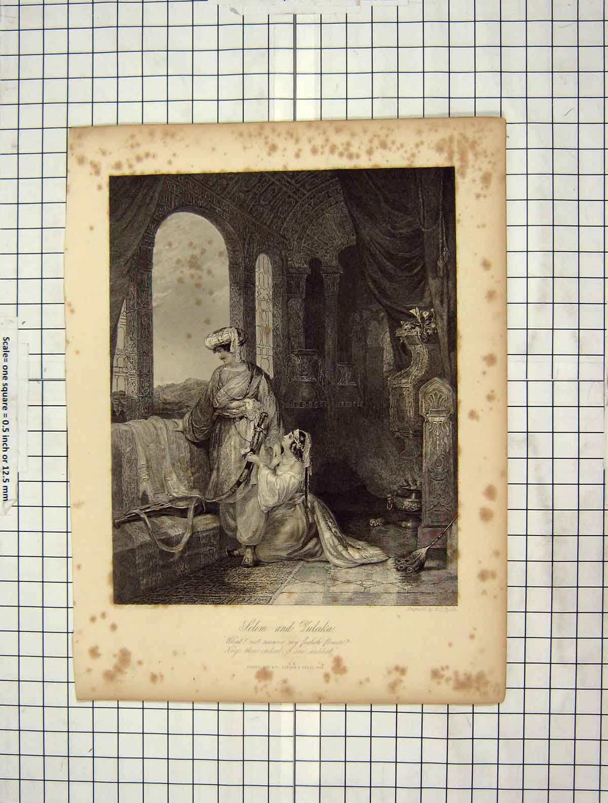 Original Old Antique Print C1880 Selim Tuleika Romance Ryall Andrews Engraving