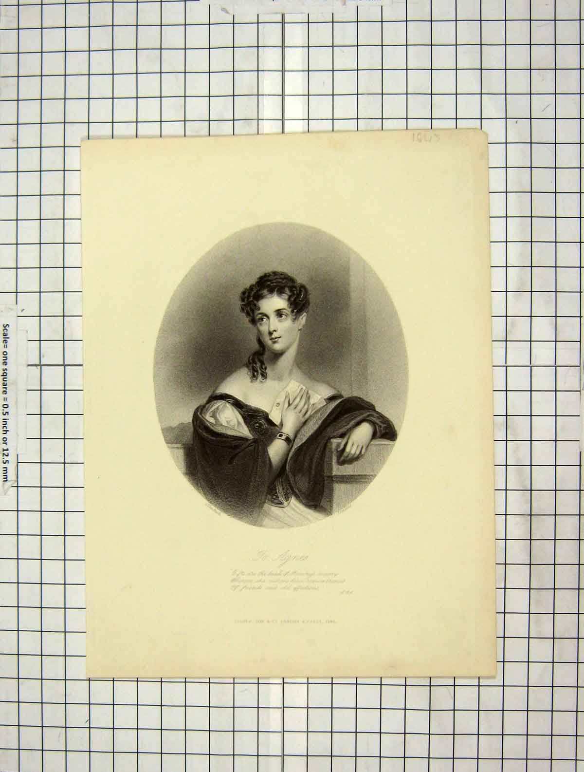 Original Old Antique Print 1845 Portrait Agnes Engraving Jenkins Wood Victorian