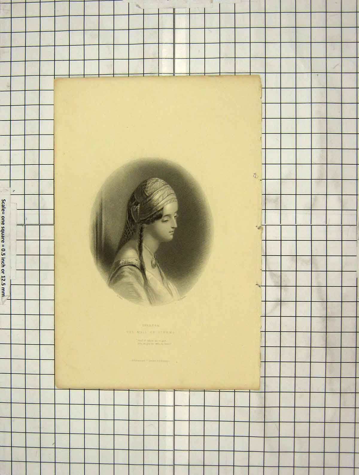 Original Old Antique Print C1880 Portrait Maid Athens Theresa Finden Stone 19th