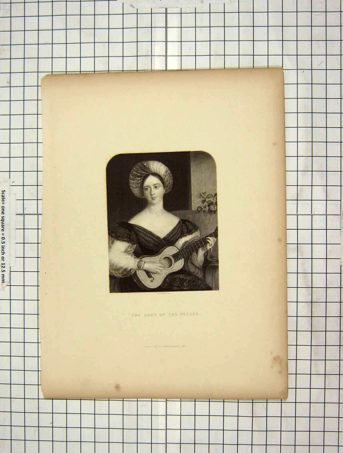 Original Old Antique Print 1844 Portrait Lady Palace Engraving Cochran 19th