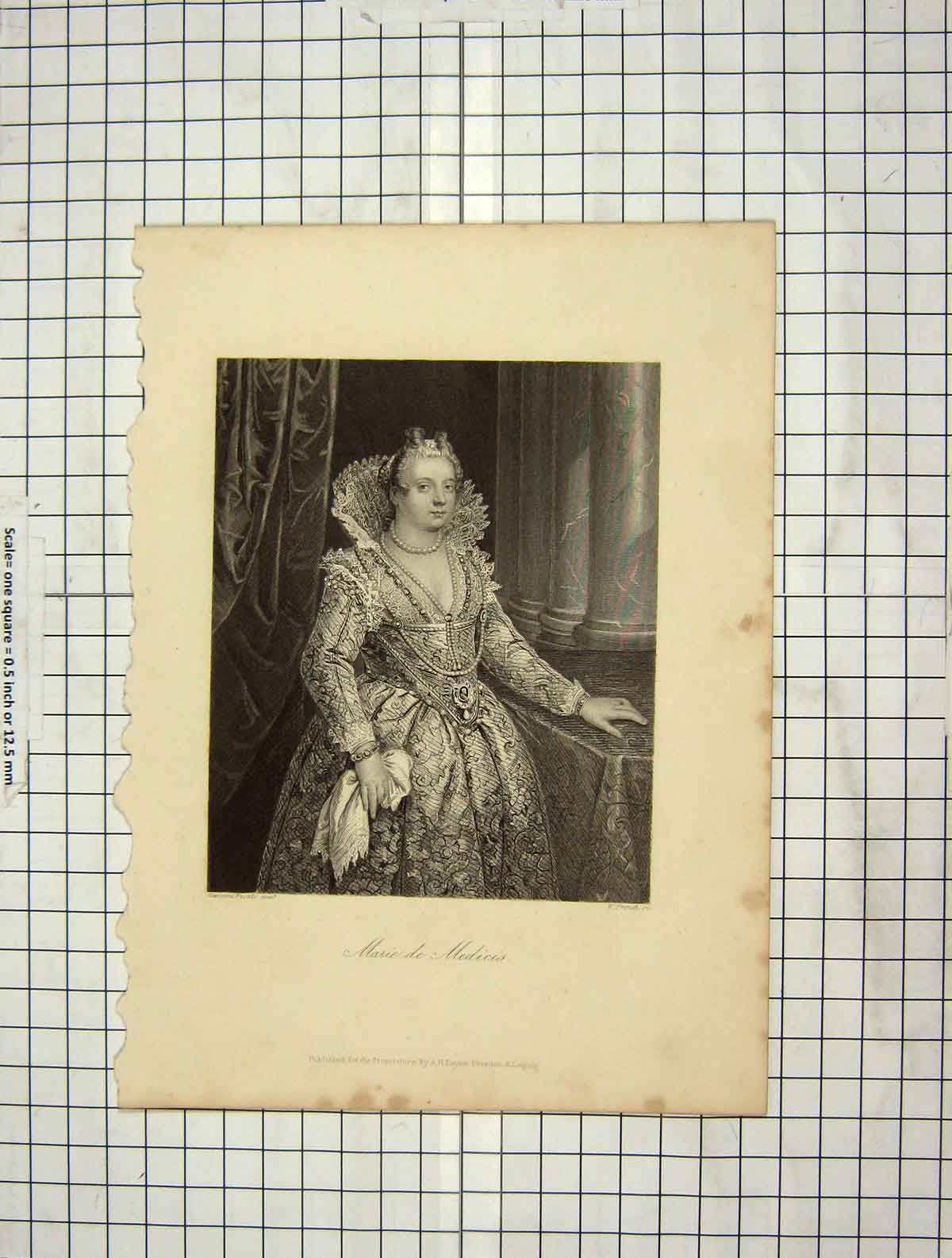 Original Old Antique Print C1880 Portrait Marie Medicis French Engraving 19th