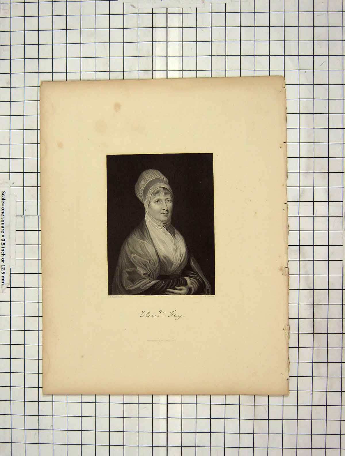 Original Old Antique Print C1880 Portrait Mrs Fry Lady Engraving Cochran 19th