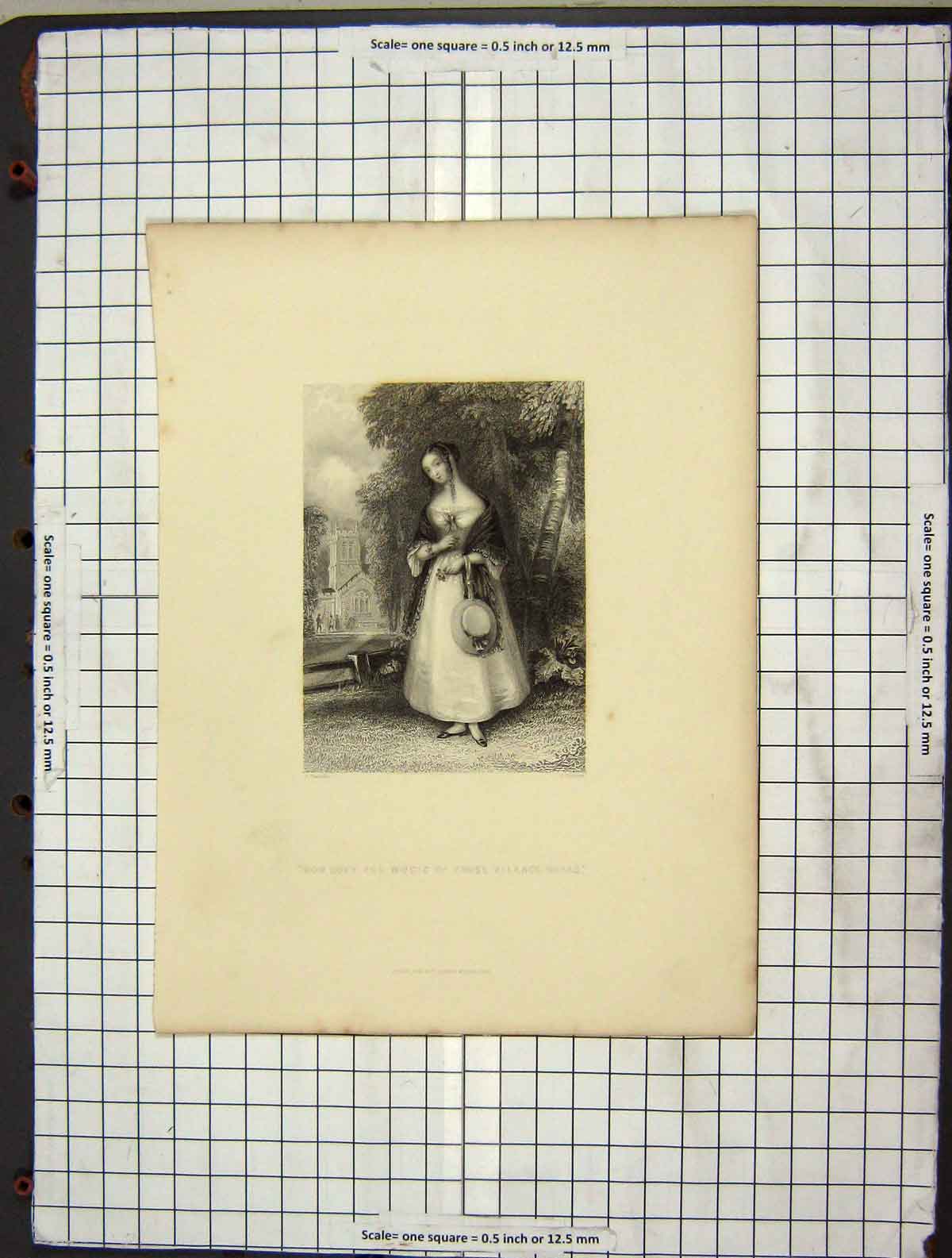 Original Old Antique Print 1845 Portrait Beautiful Village Bells Girl Cochran