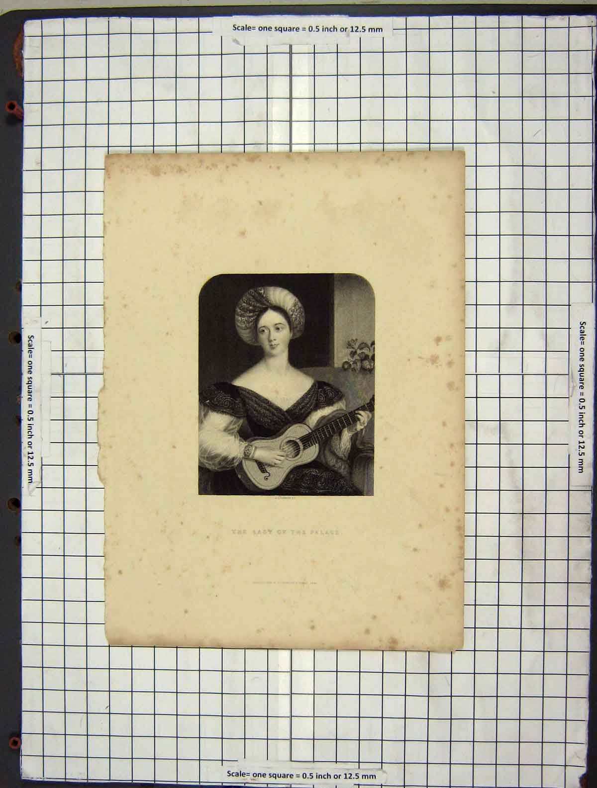Original Old Antique Print 1844 Portrait Lady Palace Cochran Engraving 19th